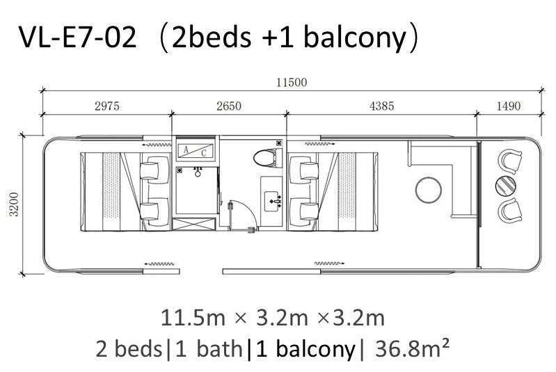 Casa Cápsula E7 con 2 camas, 1 baño y balcón